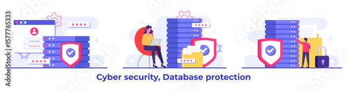Set of Cyber security flat Illustrations, Database protection, Data Center, File management, cloud storage, Privacy data protection concept for landing page, mobile app, web banner, infographic