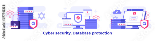 Set of Cyber security flat Illustrations, Database protection, Data Center, File management, cloud storage, Privacy data protection concept for landing page, mobile app, web banner, infographic