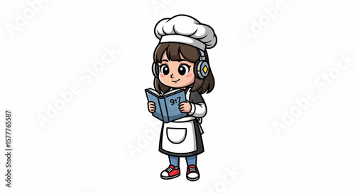 Young Chef Reads Cookbook with Headphones, Ready to Bake.