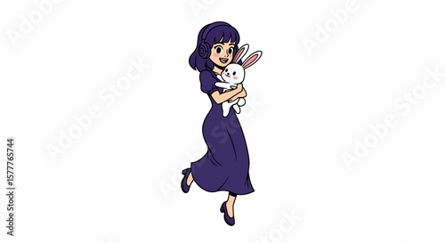 Animated Girl in a Purple Dress Holding a White Rabbit