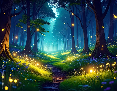 Enchanted Forest Path with Glowing Lights and Flowers