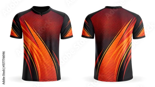 Mockup Sport shirt design, front and back views, orange and black, dynamic pattern.