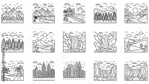Landscapes Line Icon Set – Mountain, Beach, Forest, Desert, Waterfall, Canyon, Cityscape Vector Illustration

