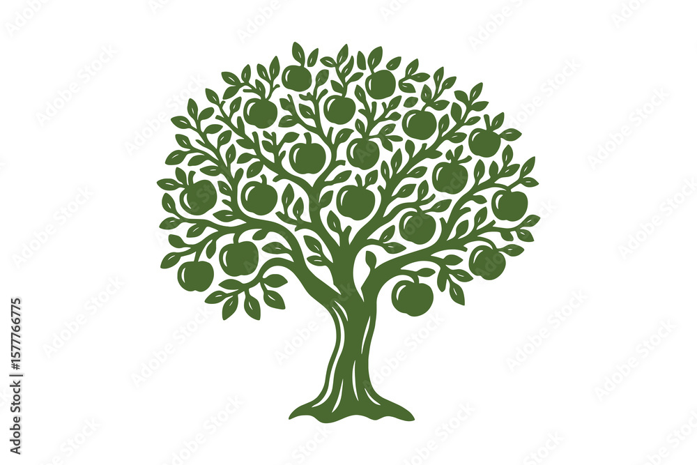 Obraz premium Fruit tree with apples silhouette, vintage style, vector illustration