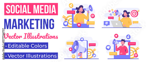 Set of social media marketing concepts flat vector illustration for landing page, web banner, mobile application, banner, business content strategy, web design, Digital marketing, online connection