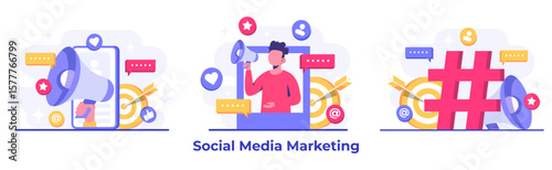 Set of social media marketing concepts flat vector illustration for landing page, web banner, mobile application, banner, business content strategy, web design, Digital marketing, online connection