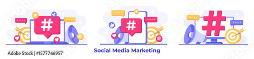 Set of social media marketing concepts flat vector illustration for landing page, web banner, mobile application, banner, business content strategy, web design, Digital marketing, online connection