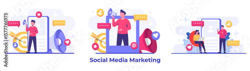 Set of social media marketing concepts flat vector illustration for landing page, web banner, mobile application, banner, business content strategy, web design, Digital marketing, online connection