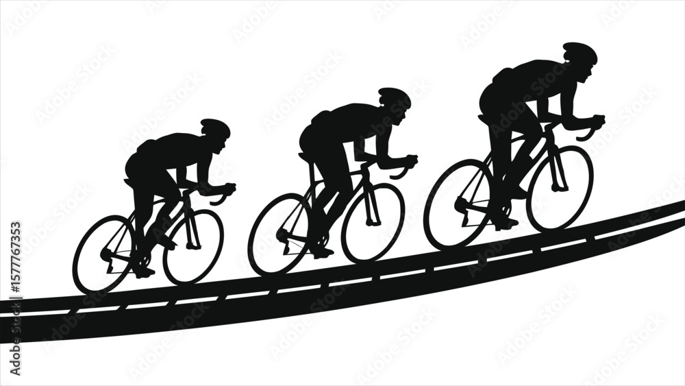 Obraz premium Uphill Cycling Race: Three Silhouetted Riders on a Gradient Road