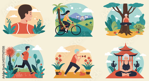 Healthy Lifestyle Icons: Exercise, Meditation, Wellness, and Nature