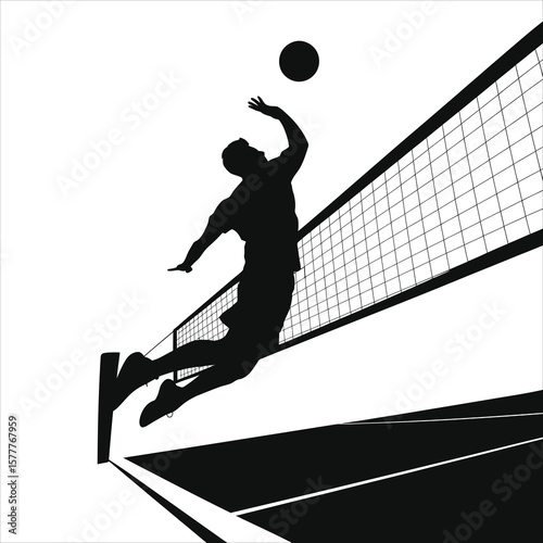 Dynamic Volleyball Player in Mid-Jump Over Net/Vector Silhouette of a male volleyball player in mid-air, leaping to spike a ball over the net.
