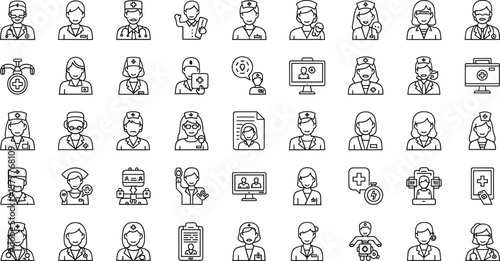 Healthcare professional line icons featuring doctors, nurses, patients, and medical services outline vector illustration set. Includes consultation,