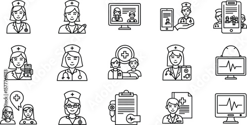 Healthcare professional line icons featuring doctors, nurses, patients, and medical services outline vector illustration set. Includes consultation,