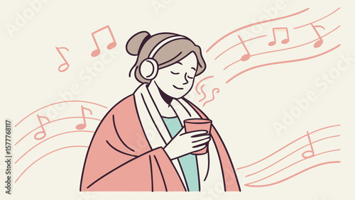 Woman enjoying music and hot drink wrapped in blanket isolated on white background