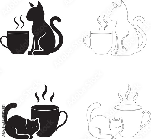 coffee day cat and coffee icon set with sitting and lying cat silhouettes solid and outline steaming cup graphics