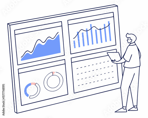 Man analyzing financial data charts and graphs on a large screen isolated on white background