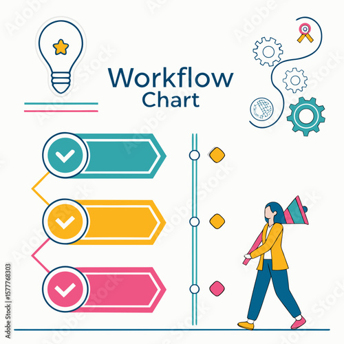 Business workflow chart with steps and icons isolated on white background