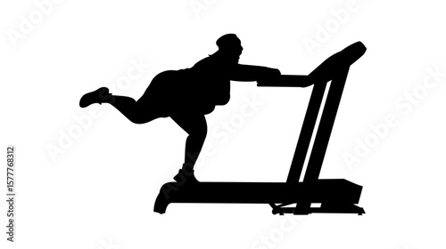 A silhouette of an overweight person struggling to use a treadmill.