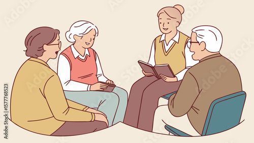 Diverse group of seniors attending a book club meeting isolated on white background