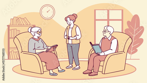 Elderly couple reading books with a caregiver in a cozy living room isolated on white background