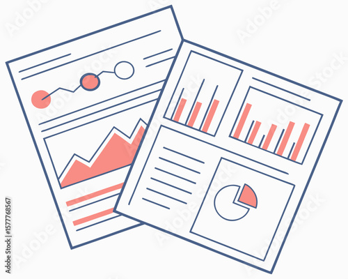 Business reports with charts and graphs isolated on white background