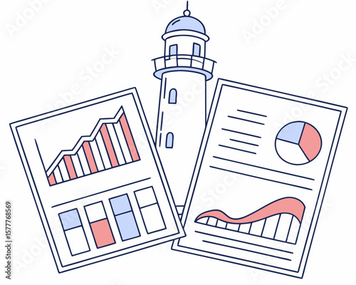 Lighthouse guiding business growth and financial analysis reports isolated on white background