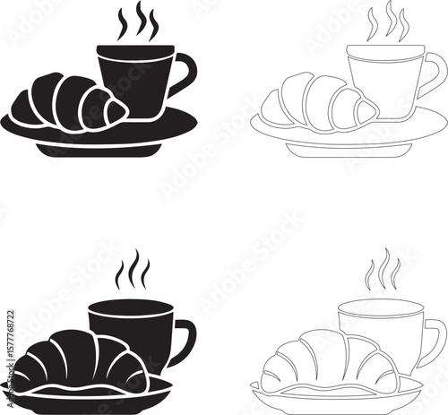 coffee day coffee cup and croissant icon set solid and outline steaming silhouettes