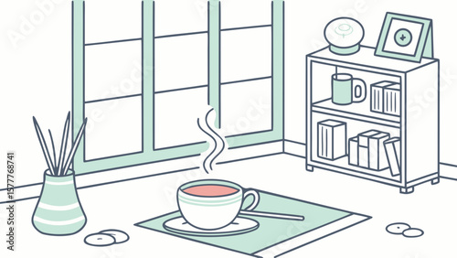 Cozy scene with a cup of hot tea and a bookshelf by the window isolated on white background