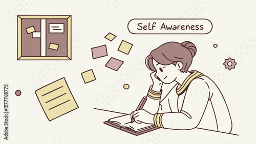 Young woman reflecting on self awareness while writing in a notebook isolated on white background