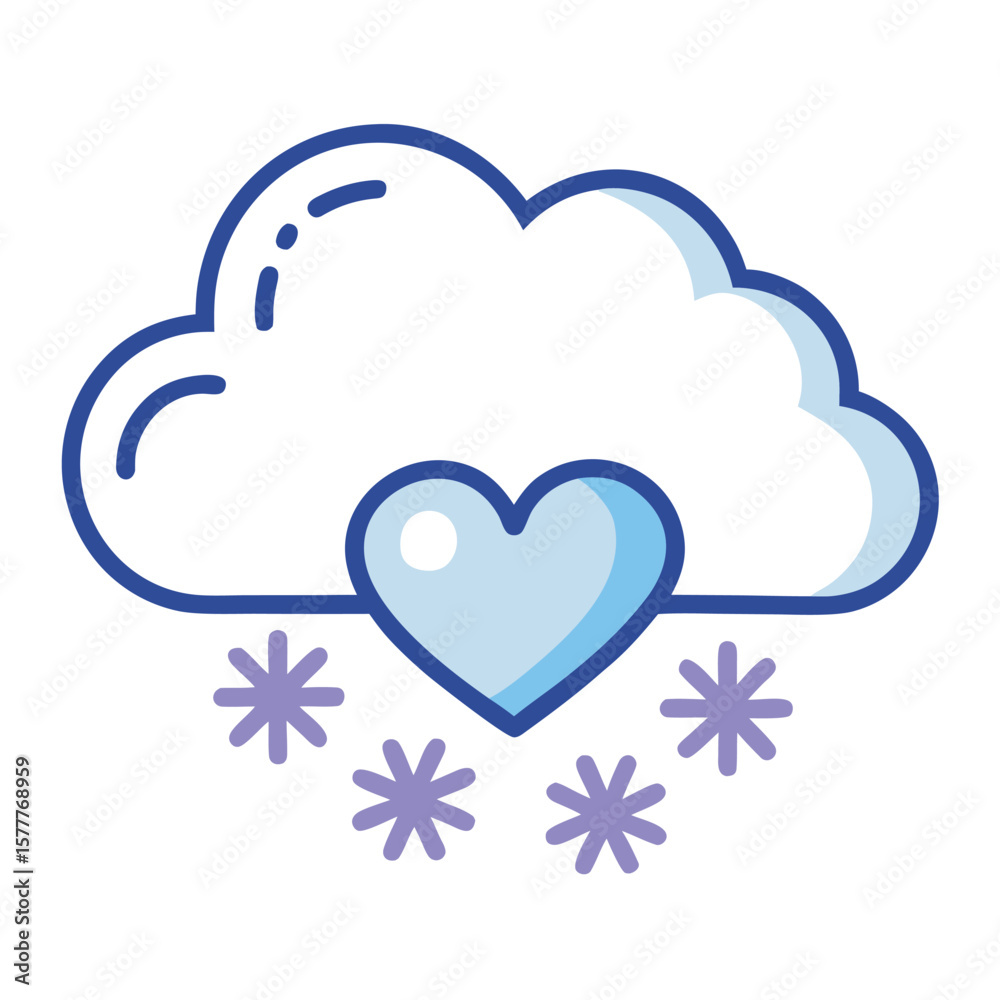 A heart-shaped cloud with snow falling in the shape of hearts, symbolizing cold but loving feelings, isolated on white. A heart-shaped cloud with snow falling in the shape of hearts, symbolizing cold but loving feelings, isolated on white.