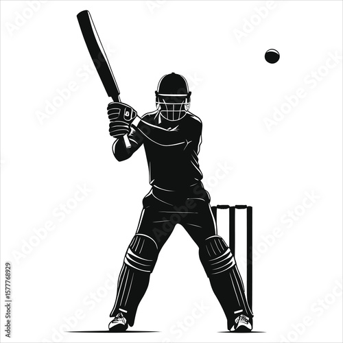 Focused Cricket Player in Action Vector Silhouette/A dynamic silhouette of a cricket player in a striking stance, poised to hit the ball.