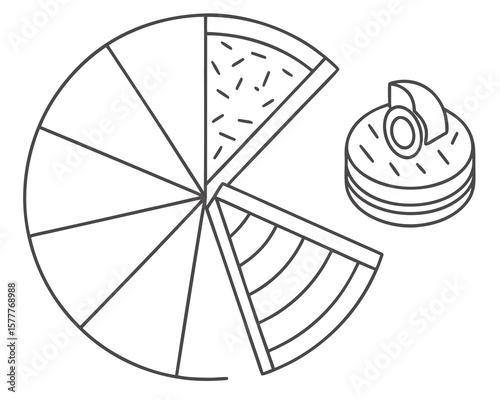 Stylized illustration of a pie chart with slices and a donut isolated on white background