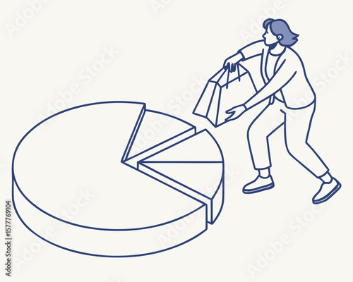 Businesswoman adding a segment to a pie chart with a shopping bag isolated on white background