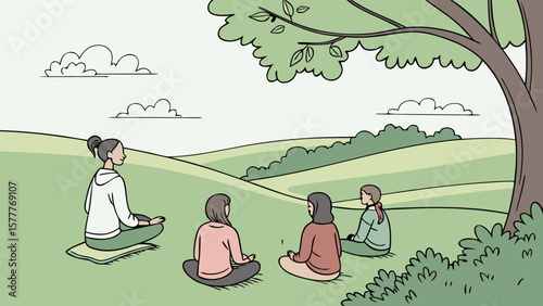 Four people meditating outdoors in a peaceful landscape isolated on white background