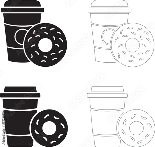 coffee day coffee cup with lid and donut icon set solid and outline silhouettes with sprinkles