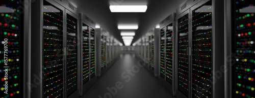 Server room data center. Backup, hosting, mainframe, farm and computer rack with storage information. 3d render