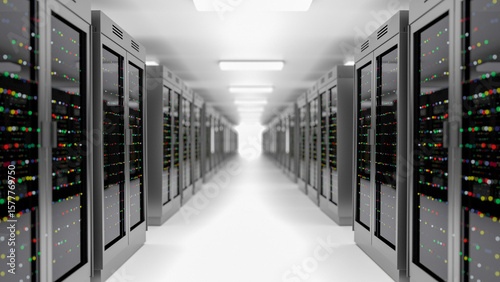 Server room data center. Backup, hosting, mainframe, farm and computer rack with storage information. 3d render