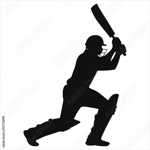 Vector Silhouette of a cricket player in action/A dynamic silhouette of a cricket player in the midst of a powerful bat swing.