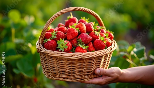 Hand holding a wicker basket full of ripe strawberries in a field
