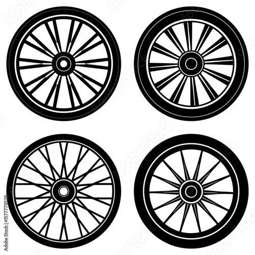 Four vintage style bicycle wheels with spokes and tires arranged in a square format on a white background