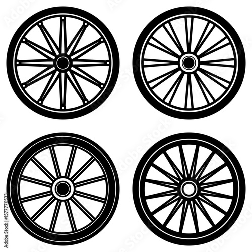 Four wagon wheels with spokes arranged in a grid pattern, each wheel having a thick outer rim design