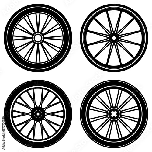 Four black and white vintage wheels with spokes arranged in a square format illustration design art