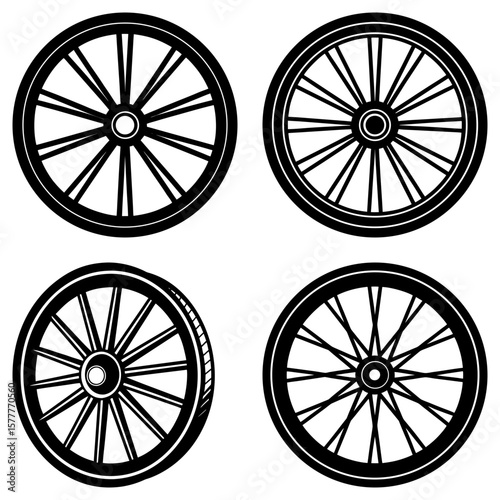 Four black and white wagon wheels with spokes in a square arrangement on a white background image