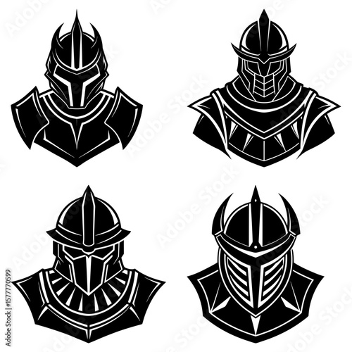 Four black and white knight helmets with different designs and styles in a symmetrical arrangement