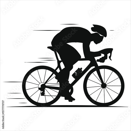 Vector Silhouette of a Cyclist in Motion/A dynamic silhouette of a cyclist pedaling swiftly on a road.