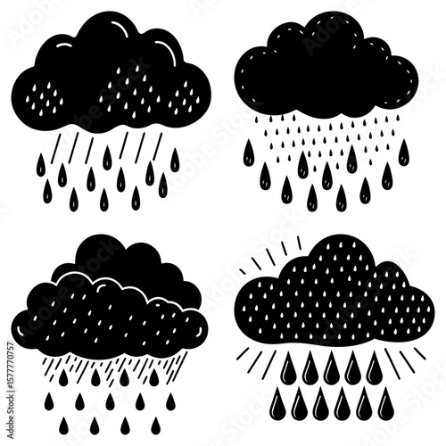 Illustration showing four black stylized clouds with raindrops in various shapes and patterns in monochrome