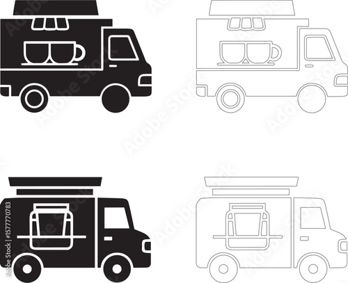 coffee day mobile coffee truck icon set single and double cup solid and outline silhouettes