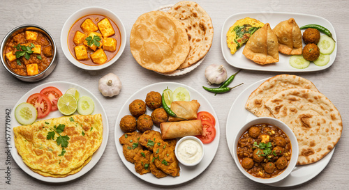 An overhead shot of various indian dishes including paneer, omelets, and fried appetizers laid out on plates