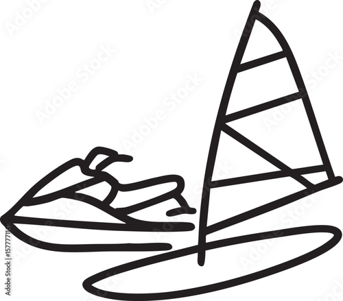 Simple Line Art Illustration of a Windsurfer and Jet Ski for Water Sport Enthusiasts and Summer Activities