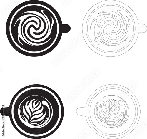 coffee day top view latte art coffee cup icon set swirl and leaf silhouettes filled and outline